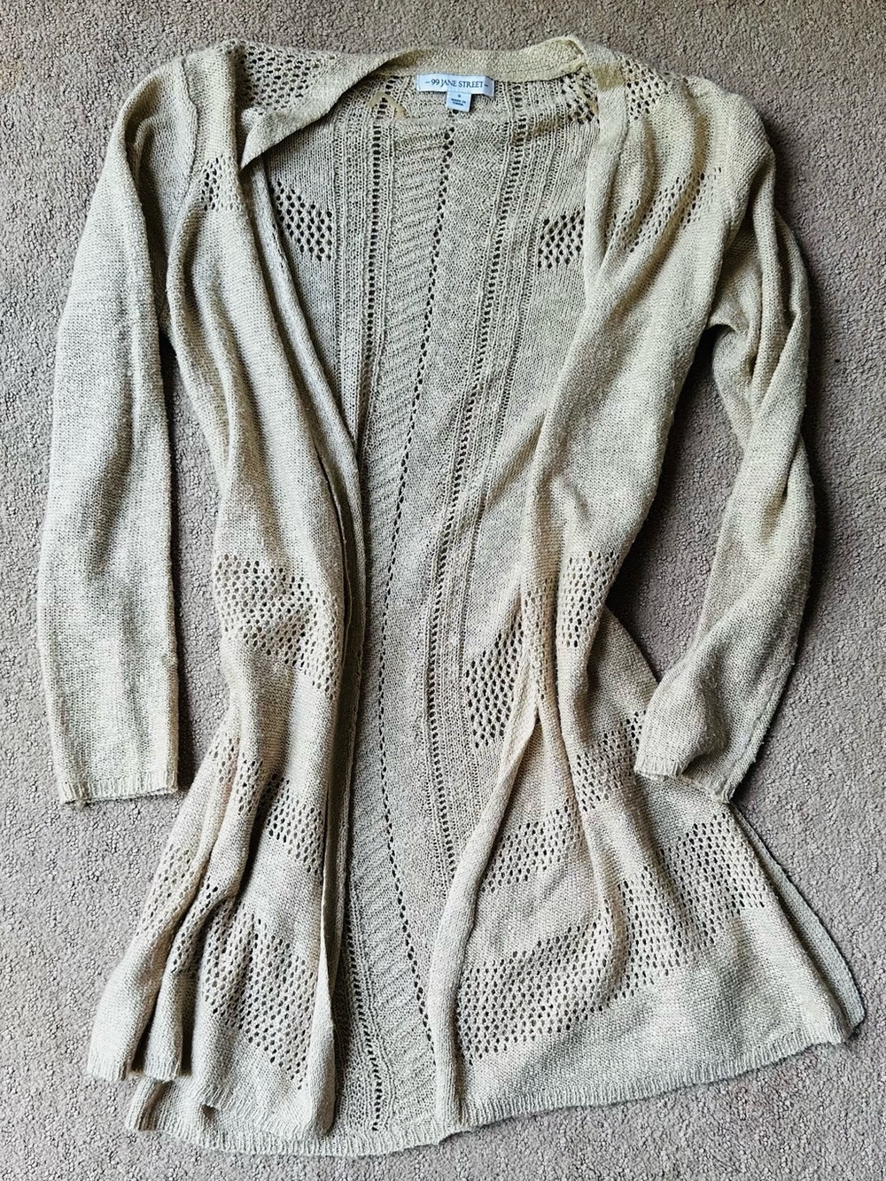 Open-Front Light Beige Knit Cardigan with Lace Stitch Panels